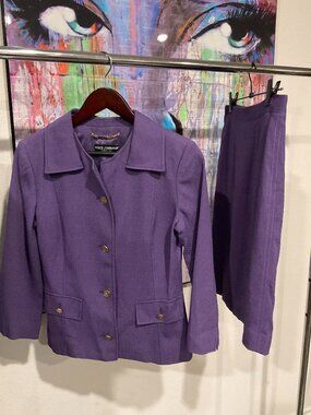 Vintage Dolce & Gabbana Purple Skirt Suit Set Gold Logo Buttons
